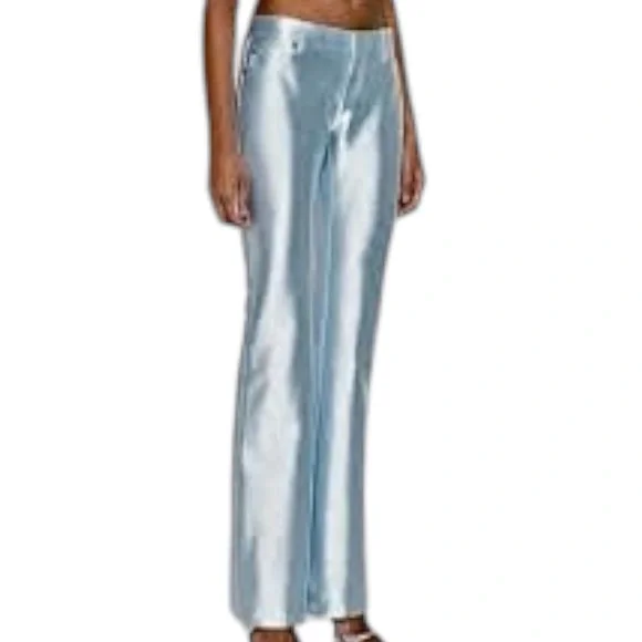 NWT Magaschoni 100% Dupioni Silk straight w little Flare Pants Light Blue Size 2 - Picture 1 of 14